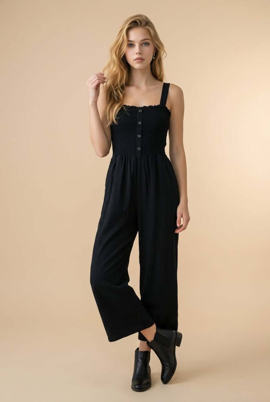 Hollister Black Button-Front Smocked Wide-Leg Jumpsuit size medium